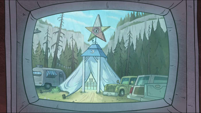 Illustration of a campsite with a tent and vehicles from Gravity Falls