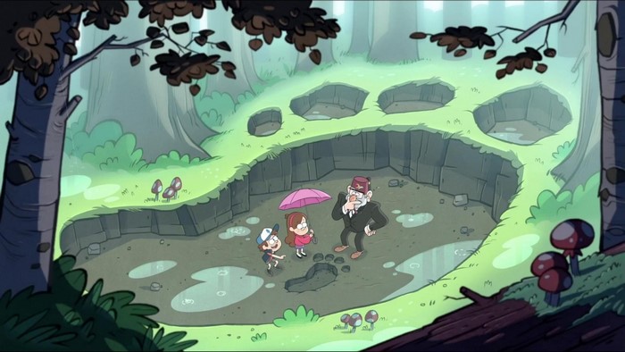Dipper, Mabel, and Grunkle Stan in Gravity Falls