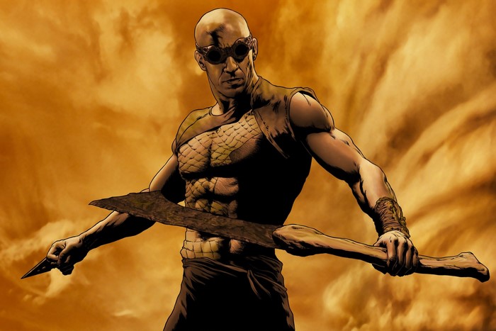 Vin Diesel as Riddick holding a weapon