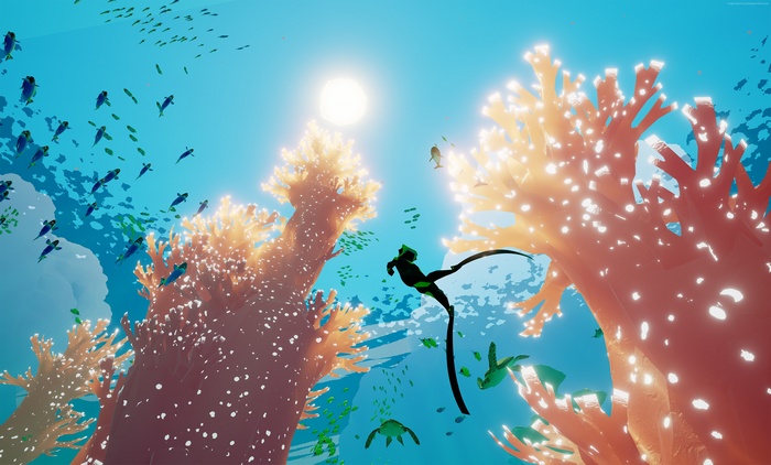 Abzu underwater scene with diver and coral