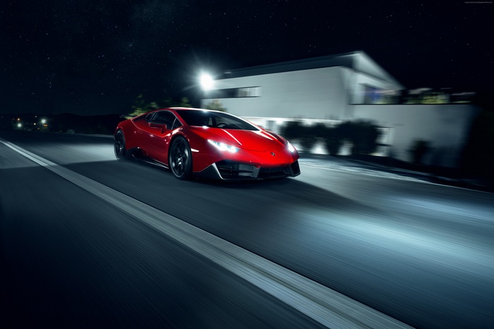 Red Novitec Torado Lamborghini Huracán LP 580-2 driving at night