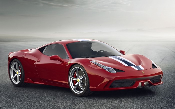 Red Ferrari 458 Italia with racing stripes
