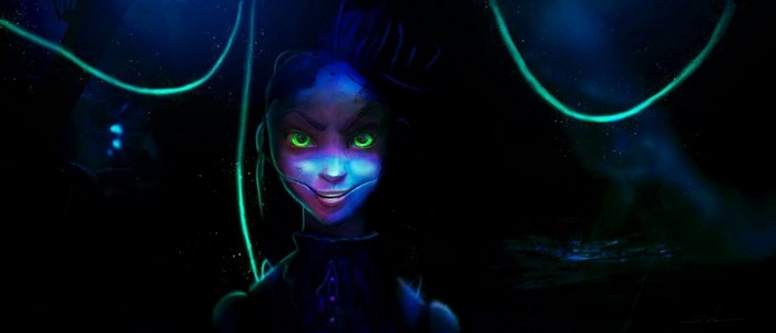 A character with glowing green eyes in a dark, futuristic setting