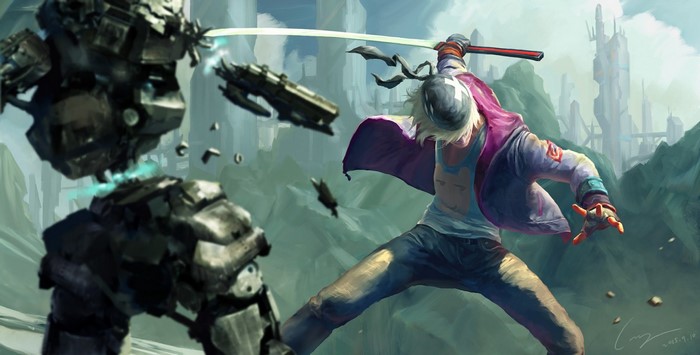 Man with sword fighting robots in futuristic city