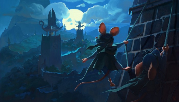Two mice climbing a wall at night