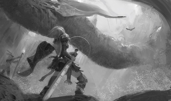Fantasy art of adventurers in a cave with a large creature