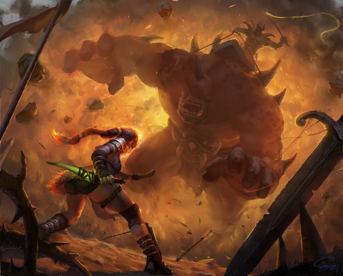Fantasy art of a battle between a giant and a warrior