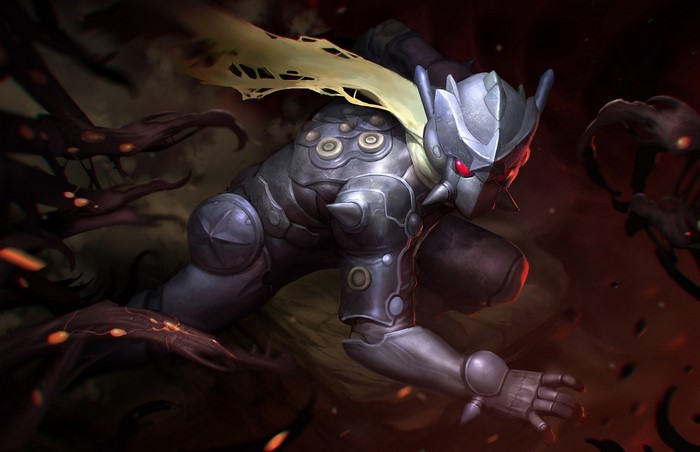 Fantasy art of a mecha warrior in darkness
