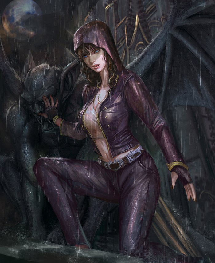 Woman in hooded jacket with gargoyle in rain