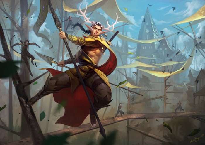 Fantasy art of elves in a treetop village
