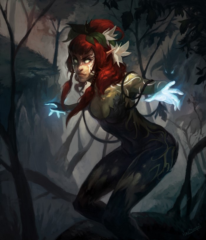 Fantasy illustration of a red-haired female character with glowing hands in a forest
