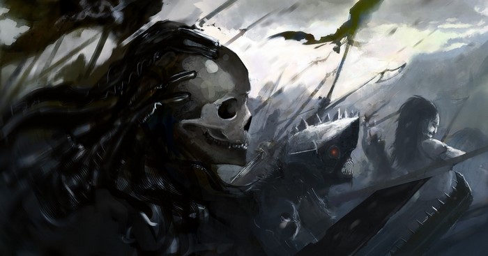Fantasy art of a skull-faced warrior and monstrous figures