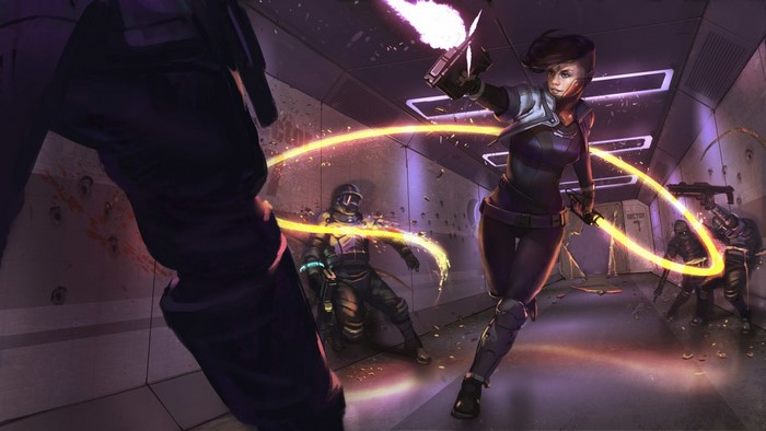 Futuristic combat scene with armed individuals