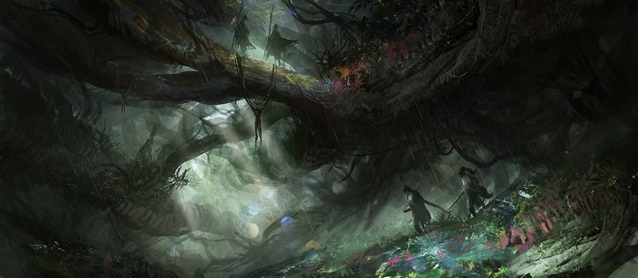 Fantasy art of a dark, overgrown cave with explorers
