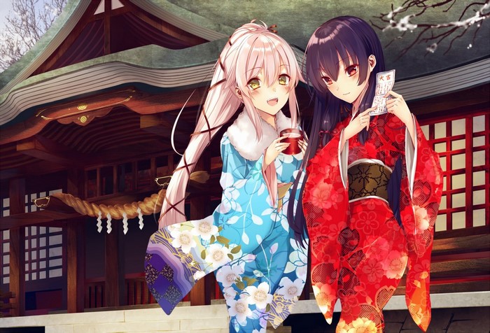 Anime girls in kimonos at a shrine