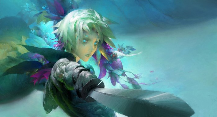Fantasy character with sword underwater