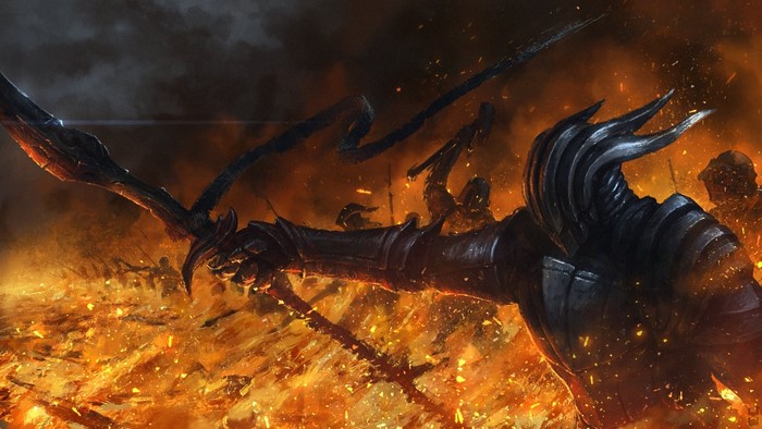 Fantasy art of a knight in armor with a sword in a fiery battle