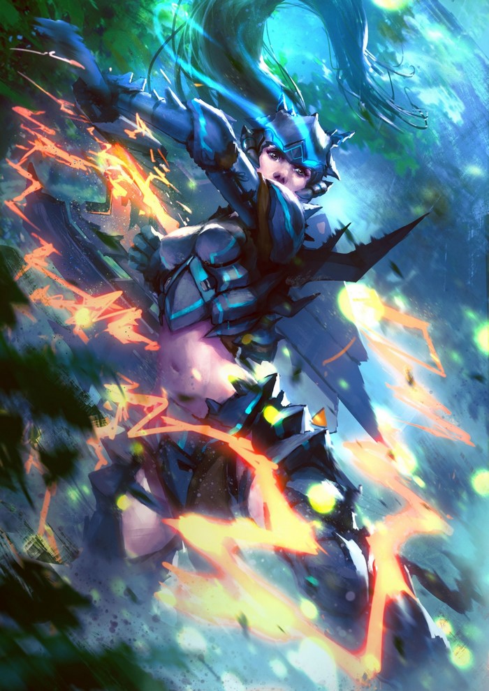 Woman in futuristic armor with glowing energy
