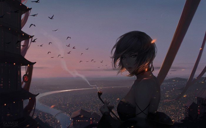 Anime girl smoking pipe overlooking city at dusk