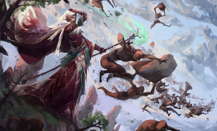 Fantasy art of a sorceress battling small figures