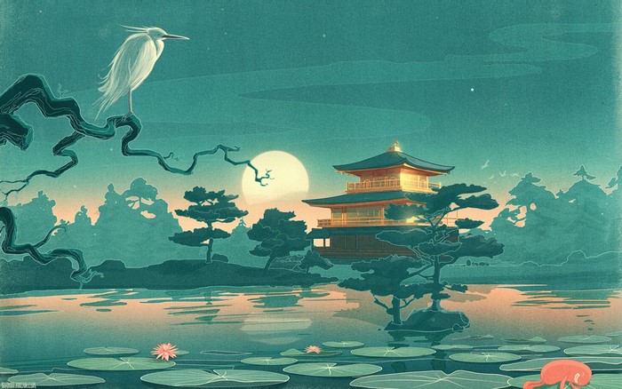 Japanese temple by a lake with a bird and moon