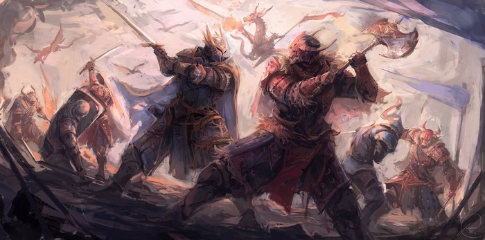 Fantasy painting of knights battling dragons