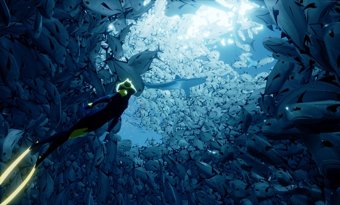 Abzu underwater game with diver and fish school