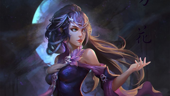 Fantasy anime girl with purple dress and moon background