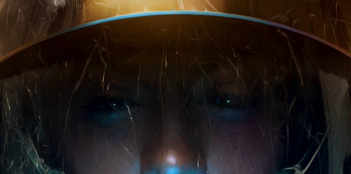 Close-up of a person's eyes behind a reflective surface