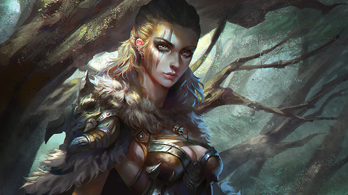 Fantasy woman warrior with war paint in forest