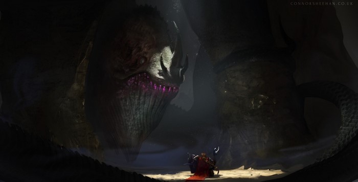 Giant creature with glowing mouth and two figures