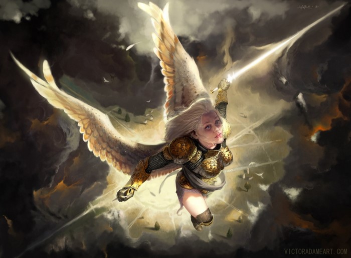 Angel with sword flying through dark clouds