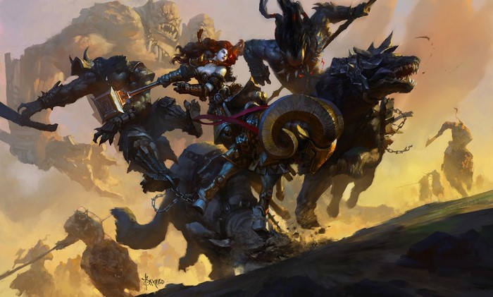 Fantasy battle with a female warrior riding a ram-like creature