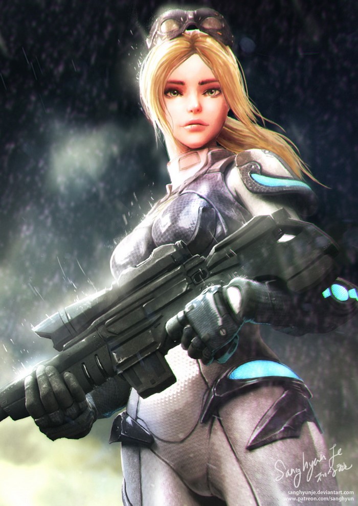 Nova Terra from StarCraft holding a rifle