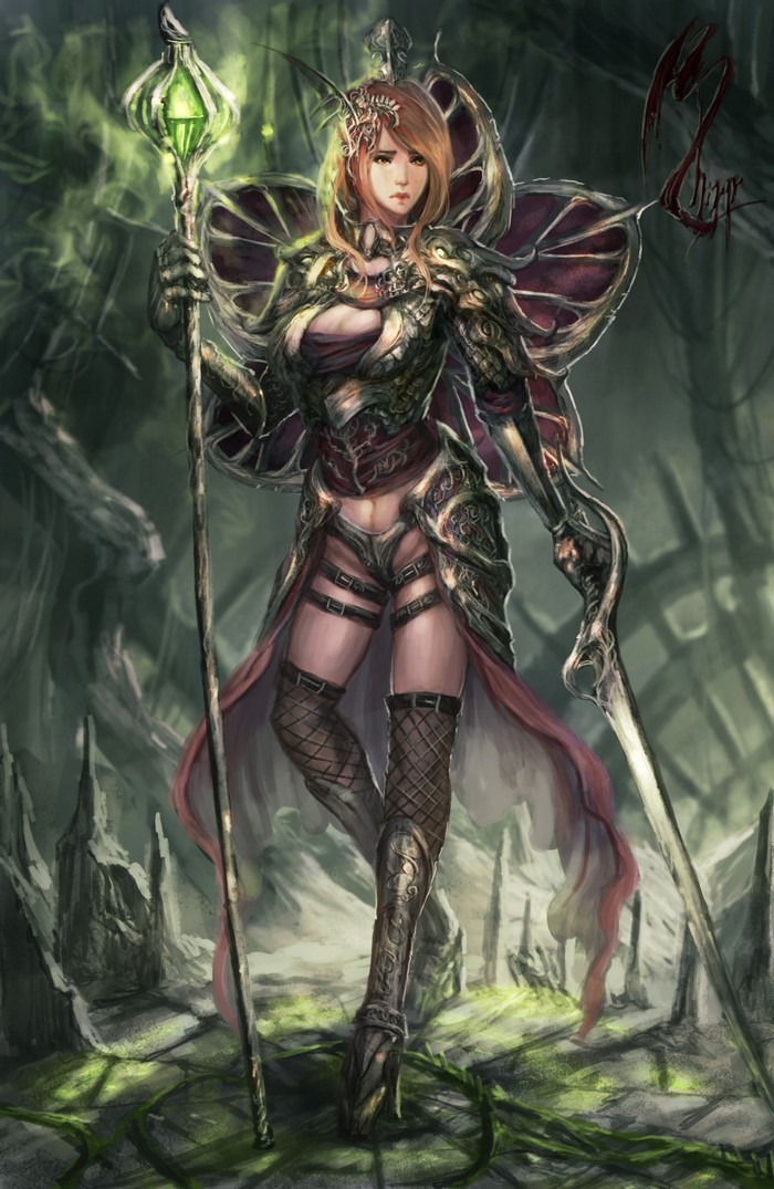 Fantasy warrior woman with staff and sword