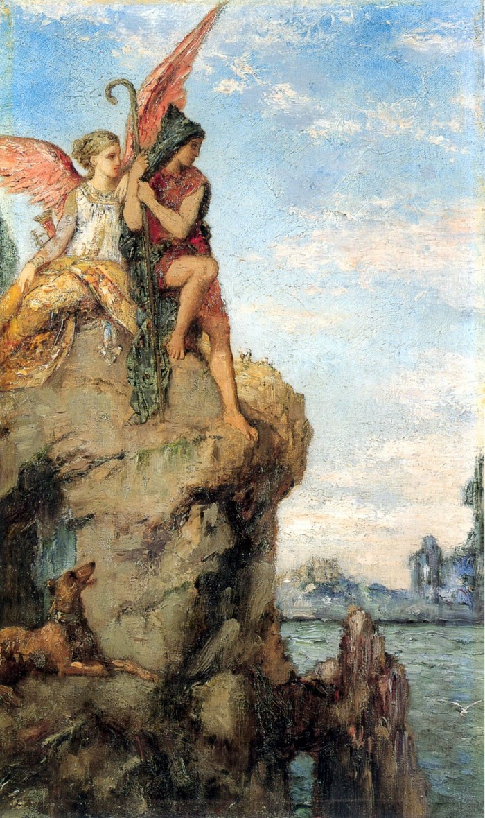 Mythological figures on a rocky cliff overlooking the sea