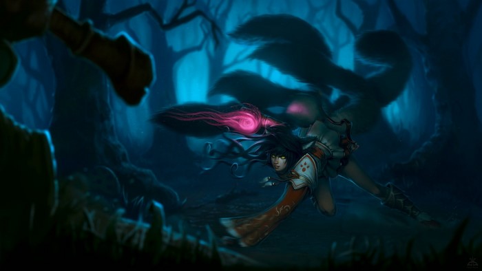 Ahri from League of Legends in a dark forest