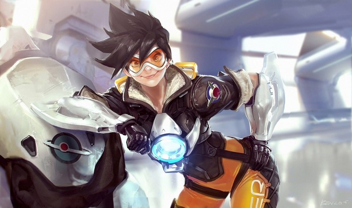 Tracer from Overwatch leaning on a robot