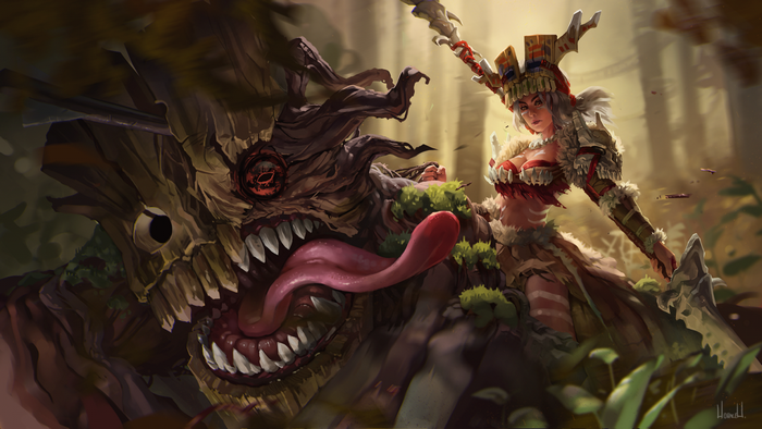 Fantasy art of a warrior woman and a tree monster