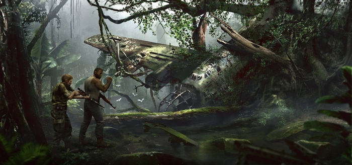 Two people with guns near a crashed airplane in a jungle