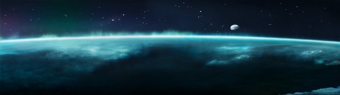 Planet with Aurora and Moon in Outer Space