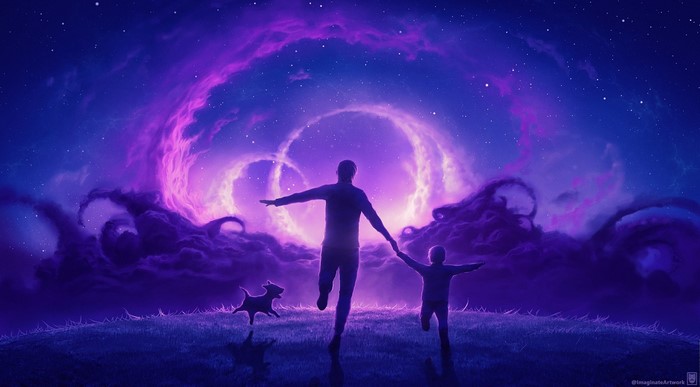 Father and child running with dog under nebula