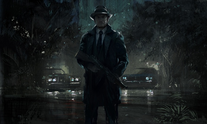 Mafia III character with rifle and cars