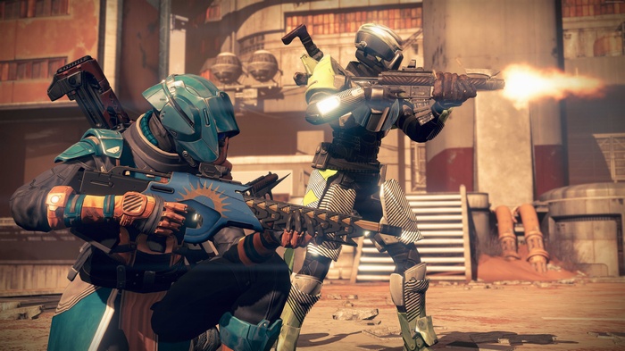 Two soldiers from Destiny: Rise of Iron firing weapons