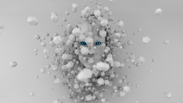 Robot face emerging from white geometric particles