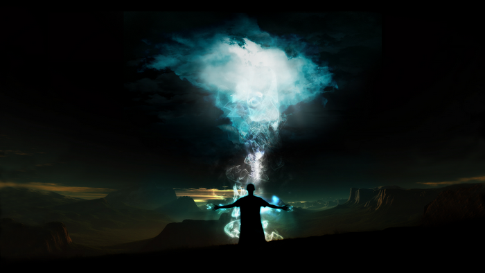 Man channeling energy from a glowing cloud