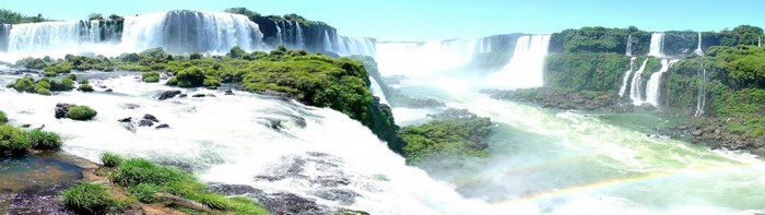 Panoramic view of Iguazu Falls with lush greenery