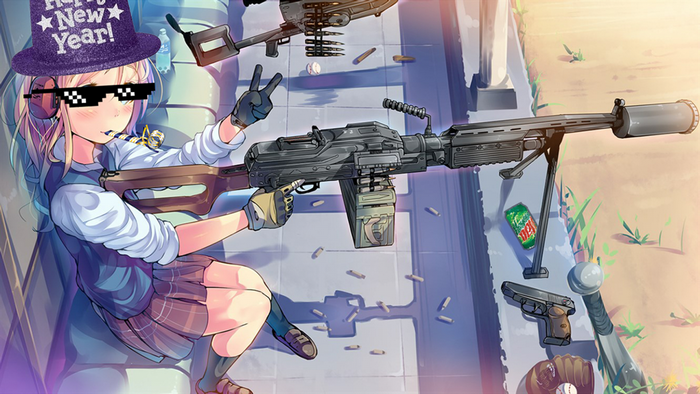 Anime girl with machine gun and New Year hat