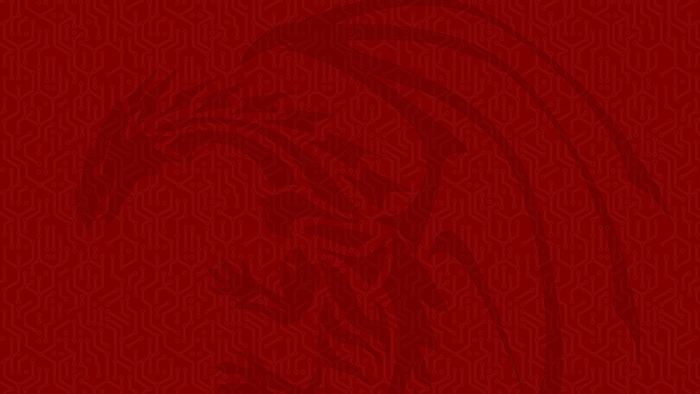 Red circuit board pattern with a dragon silhouette