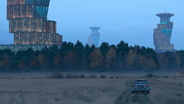 Simon Stalenhag Inspired Futuristic Cityscape at Dusk